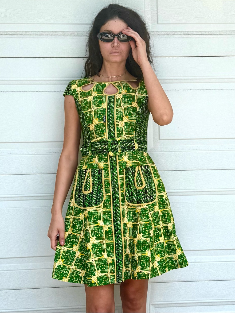 Green & Yellow  50s Style Cotton Mini Dress with Keyhole Neck African Fabric